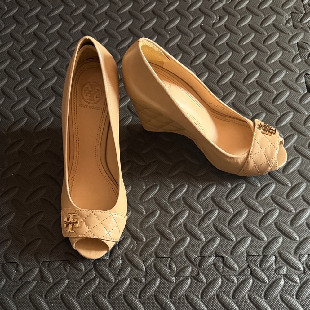 Tory Burch Beige Quilted Peep-Toe Wedge Heels